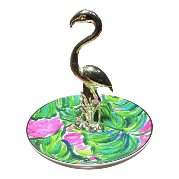 Lilly Pulitzer Painted Palm Ring Holder Flamingo Porcelain Round Dish Trinket - Picture 2 of 5